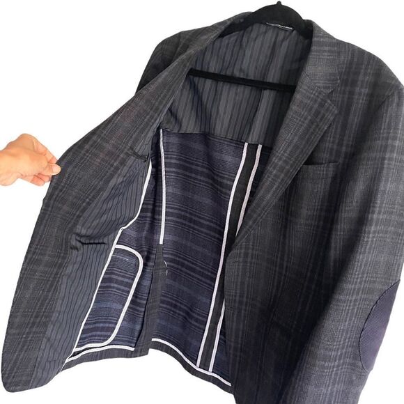 COPPLEY Wool Plaid Blazer Jacket Elbow Patches Blue 42L - Picture 2 of 13